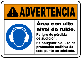 Spanish Warning Loud Noise Area Risk of Hearing Loss Sign