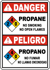 Bilingual NFPA Danger Propane 2-4-0 No Smoking No Open Flames Sign