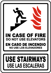 Bilingual In Case of Fire Use Stairways Sign