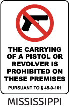 Mississippi Pistols Prohibited Sign