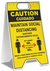Bilingual Caution Social Distancing Wear Face Mask Floor Stand