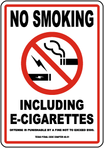 Texas No Smoking Including E-Cigarettes Sign