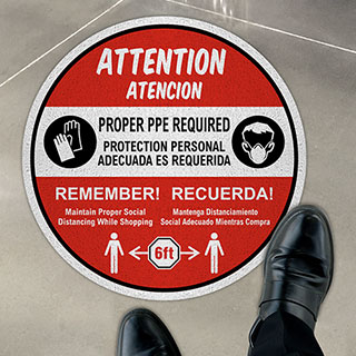 Bilingual Attention Proper PPE Required Floor Sign