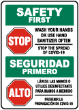 Bilingual Safety First Wash Your Hands Use Hand Sanitizer Sign