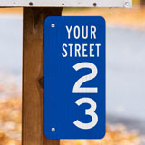Blue Vertical 911 Address Sign with Street Name