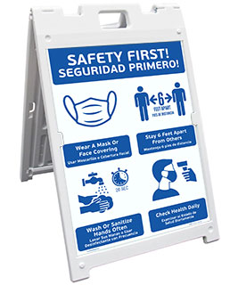 Bilingual Safety First! Wear A Mask and Stay 6Ft Apart Sandwich Board Sign