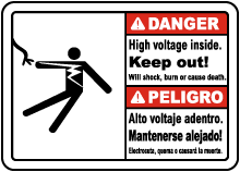 Bilingual Danger Hazardous Voltage Above Keep Out Sign