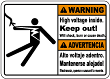 Bilingual Warning High Voltage Inside Keep Out Sign
