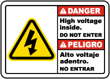 Bilingual Danger High Voltage Inside Do Not Enter Sign