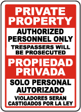 Bilingual Private Property Authorized Personnel Only Sign