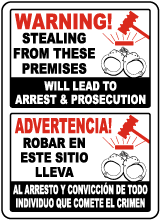 Bilingual Stealing Will Lead To Arrest Sign