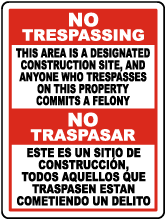 Bilingual Florida Designated Construction Site No Trespassing Sign