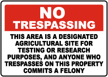 Florida Designated Agricultural Site for Testing or Research Sign