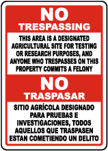 Bilingual Florida Designated Agricultural Site for Testing or Research Sign