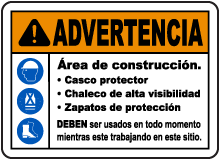 Spanish Warning Construction Area PPE Sign