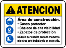 Spanish Caution Construction Area PPE Sign