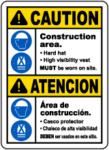 Bilingual Caution Construction Area PPE Sign