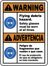 Bilingual Warning Flying Debris Hazard Safety Glasses Sign