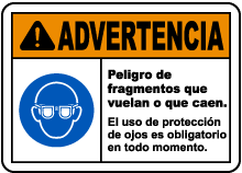 Spanish Warning Flying Debris Hazard Safety Glasses Label