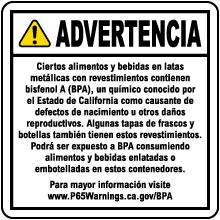 Spanish Bisphenol A Exposure from Canned and Bottled Foods and Beverages Warning Sign