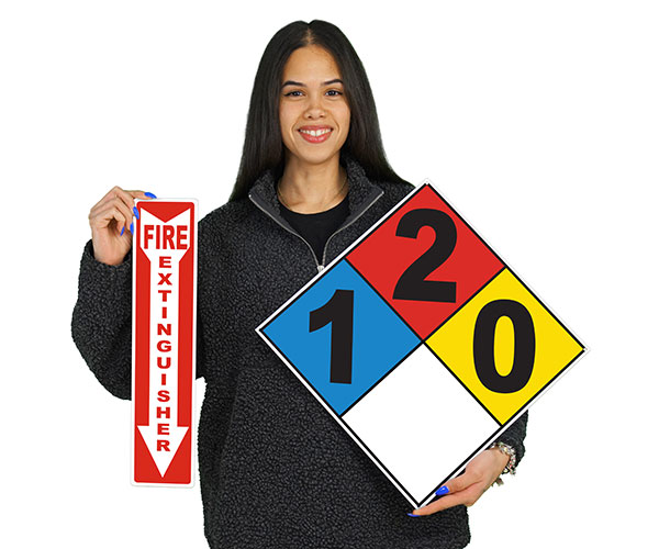 A woman holding a stock and custom emergency signs