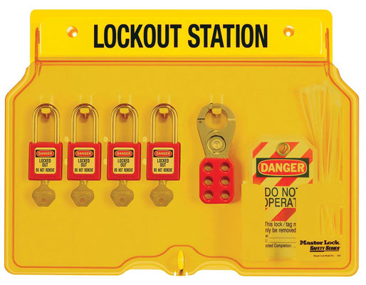Master Lock Wall-Mount Filled Lockout Station with 4 Padlocks 1482BP410 C3021