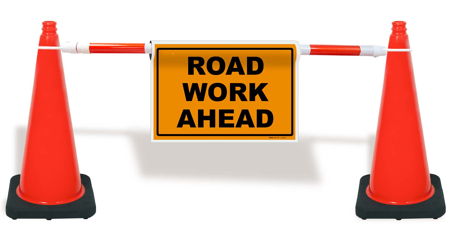 A full cone bar sign kit with two cones, cone bar, and cone bar sign