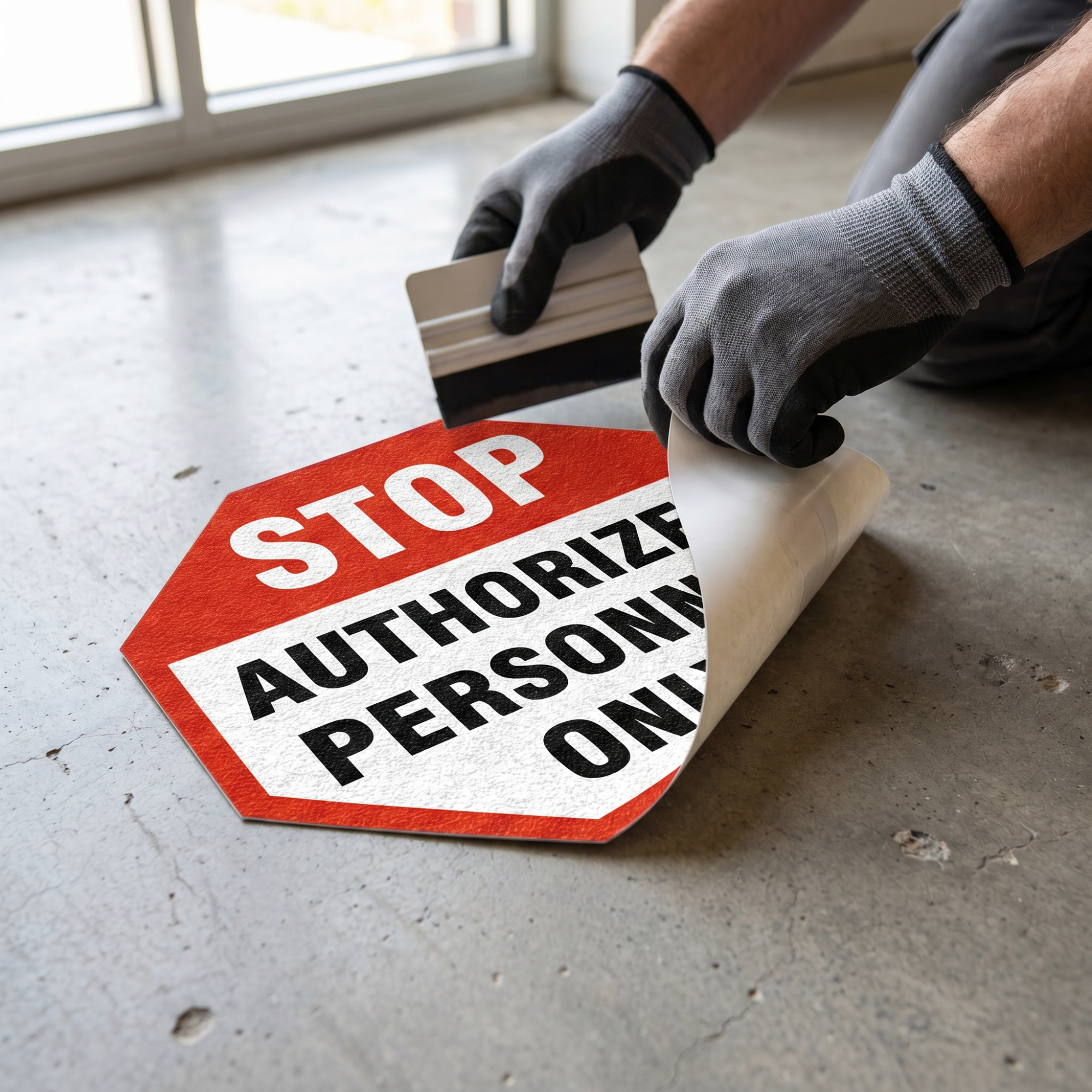 A floor sign being applied by hand.