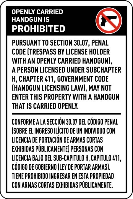 Texas Handgun Sign Law Compliance Concealed Handgun 30.06 23.5"X24.5" 