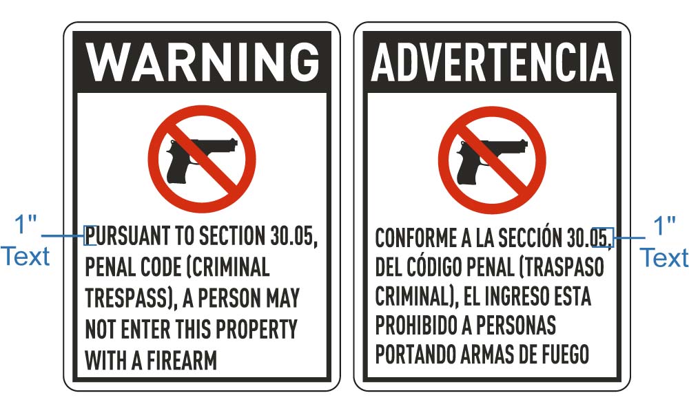 Texas 30.05 No Firearms Allowed Signs