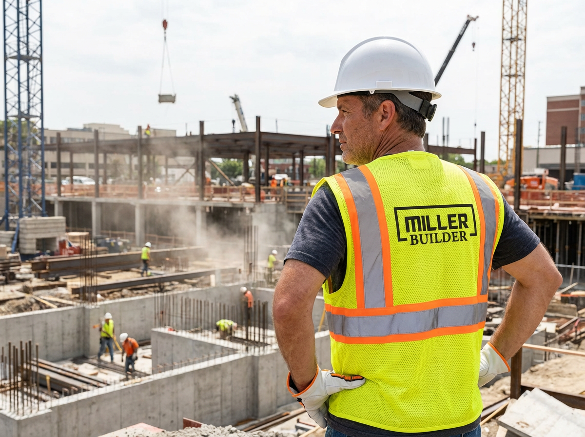 A worker at a job site wearing a safety vest with a logo