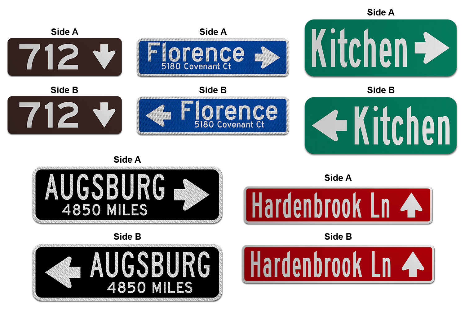 Samples of Printed Flat Blade Signs with Images and Street Numbers